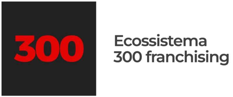 O logo da marca que consiste em um quadrado preto com 300 escrito dentro dele e ao lado direito as palavras Ecossistema 300 Franchising.