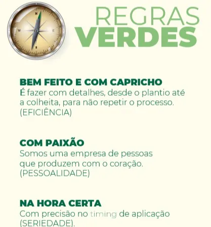 Esta imagem descreve as REGRAS VERDES, que são: Fazer BEM FEITO E COM CAPRICHO, COM PAIXÃO e NA HORA CERTA.