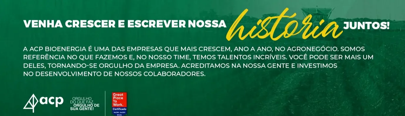 Imagem de três triângulos verde escuro juntos formando a copa de uma árvore como símbolo da ACP Bioenergia. Frase "Orgulho do que faz, orgulho de sua gente".