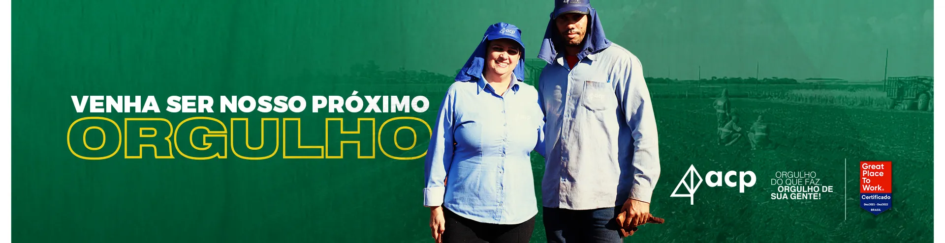 Imagem de um homem e uma mulher uniformizados de azul com touca árabe com a frase: Venha ser nosso próximo orgulho.