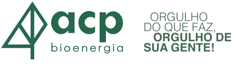Imagem de três triângulos verde escuro juntos formando a copa de uma árvore como símbolo da ACP Bioenergia. Frase "Orgulho do que faz, orgulho de sua gente".