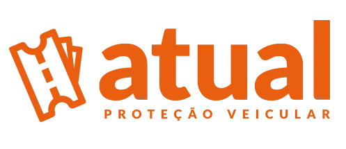 Um símbolo de ticket com uma estrada interna, ao lado escrito em letra minúscula Atual. Abaixo em máscula, Proteção Veicular.