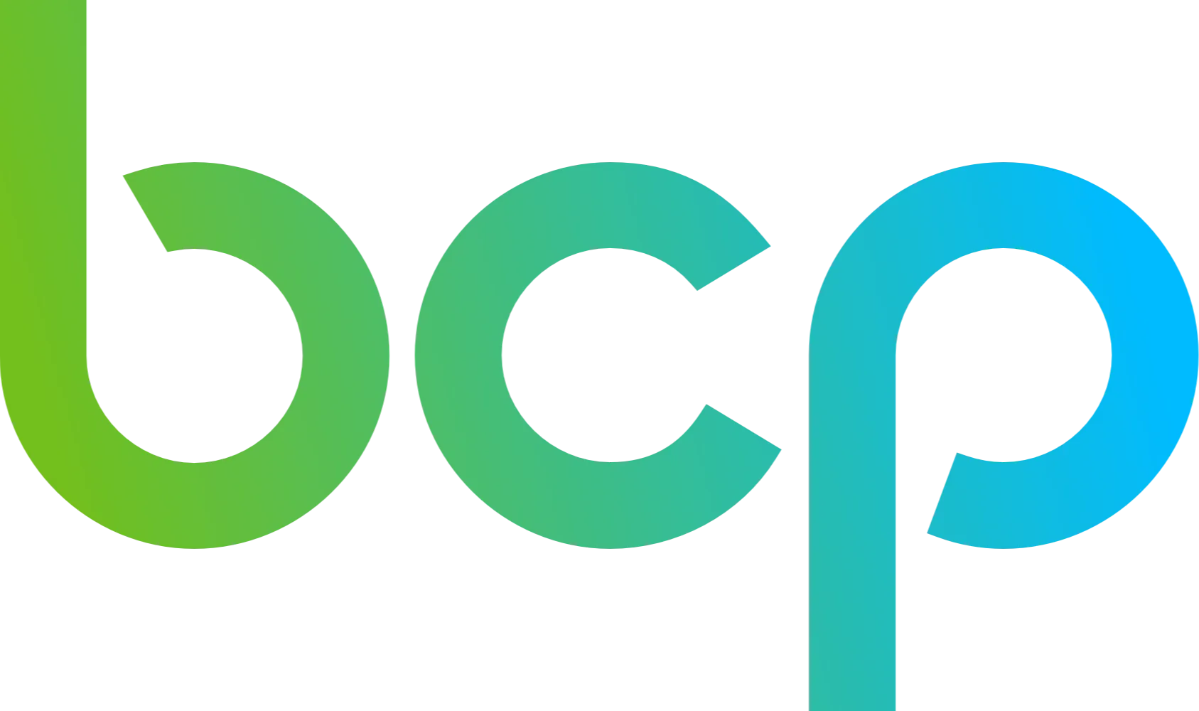 O logotipo BCP é formada por três letras minúsculas – b, c e p – com design arredondado e moderno. As cores fazem um degradê suave do verde ao azul, transmitindo inovação e sustentabilidade. O estilo é limpo, fluido e transmite confiança.