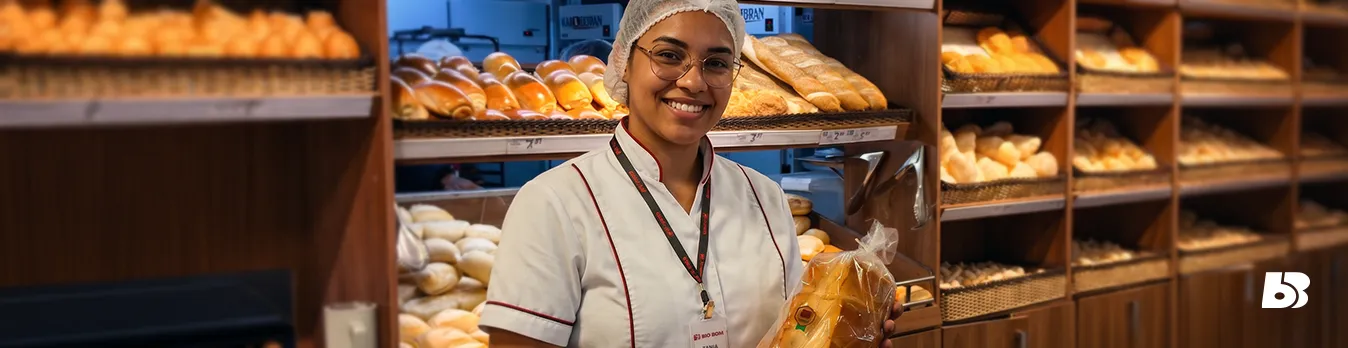 Colaboradora da padaria
Nesta imagem, uma colaboradora da padaria aparece em primeiro plano segurando um pacote de pão embalado. Ela utiliza uniforme branco com detalhes vermelhos, touca descartável, óculos e crachá. Atrás dela, diversas prateleiras de madeira exibem diferentes tipos de pães organizados por compartimentos. A iluminação quente destaca os tons dourados dos produtos assados, transmitindo sensação de frescor e aconchego.