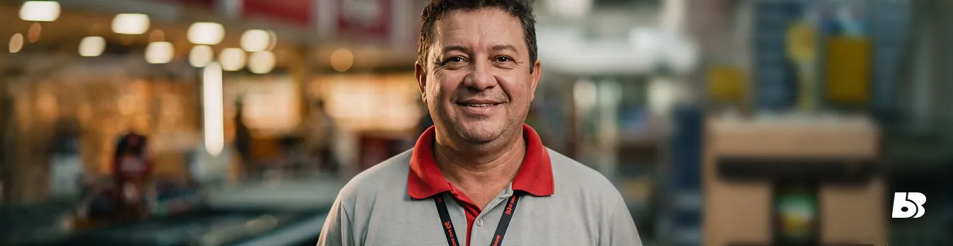 Fotografia em formato de banner horizontal com o plano médio de um colaborador homem do Big Bom Supermercados. Ele está centralizado, sorrindo calorosamente para a câmera, tem pele clara, cabelos curtos, escuros e levemente ondulados. Ele veste o uniforme da empresa: uma camisa polo cinza-claro com a gola vermelha e um cordão de crachá preto com detalhes em vermelho no pescoço. O fundo mostra o ambiente interno e dinâmico de um supermercado, de forma suavemente desfocada. No canto inferior direito, há a aplicação discreta do ícone 'BB' do logotipo da empresa na cor branca.