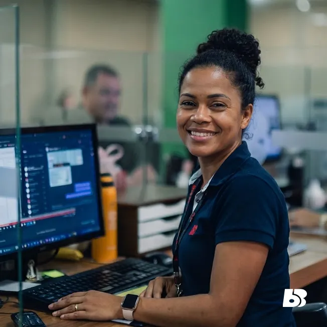 Colaboradora no setor administrativo
Uma colaboradora sorri para a câmera enquanto trabalha em sua estação no escritório. Sentada diante de um computador, ela veste uniforme azul-marinho com identificação da empresa e smartwatch no pulso. Ao fundo, o ambiente corporativo aparece desfocado, reforçando o foco na profissional e transmitindo uma atmosfera de organização, dedicação e cordialidade.