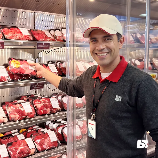 Colaborador no setor de carnes
Um colaborador posa sorridente em frente ao balcão refrigerado do açougue, segurando uma bandeja de carne embalada. Vestindo boné, crachá e uniforme da empresa, ele demonstra atendimento atencioso e orgulho do seu trabalho. As prateleiras repletas de produtos ao fundo evidenciam variedade, qualidade e cuidado na exposição dos alimentos.