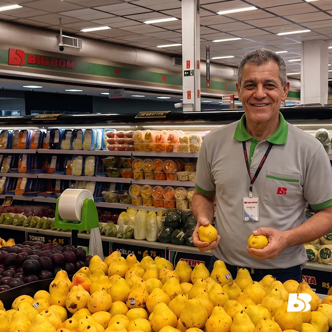 Colaborador no setor de hortifruti
Um colaborador sorri enquanto segura duas peras sobre uma banca repleta de frutas frescas. Ao fundo, é possível ver o setor de hortifruti organizado e a identidade visual da loja Big Bom. O uniforme e o crachá reforçam o profissionalismo, enquanto a composição destaca frescor, qualidade dos produtos e o atendimento próximo ao cliente.