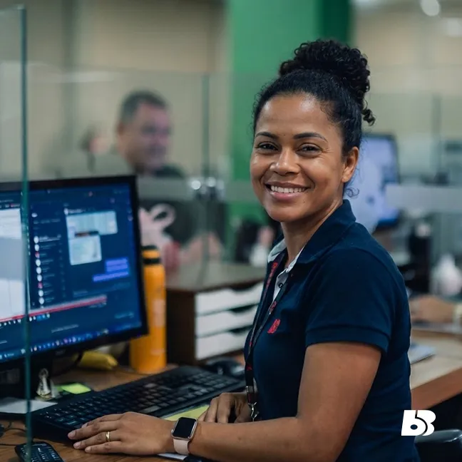 Fotografia quadrada com o plano médio de uma colaboradora mulher em um escritório do Big Bom Supermercados. Ela está sentada de perfil em sua estação de trabalho, mas vira o rosto para sorrir calorosamente em direção à câmera. É uma mulher negra, com cabelos pretos e cacheados presos em um coque alto e volumoso. Ela veste o uniforme administrativo: uma camisa polo azul-marinho com o logotipo da empresa bordado em vermelho no peito, além de um cordão de crachá escuro no pescoço. Suas mãos estão sobre a mesa de madeira, próximas a um teclado e a um monitor de computador ligado. No pulso esquerdo, ela usa um relógio de pulseira rosa-claro. O ambiente ao fundo é um escritório moderno com divisórias de vidro, um pilar verde e outra pessoa suavemente desfocada. No canto inferior direito da imagem, há a aplicação do ícone 'BB' do logotipo na cor branca."
