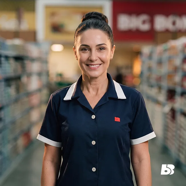 Colaboradora no setor de atendimento ou varejo

Uma colaboradora sorri de forma amigável para a câmera em um ambiente que lembra o corredor de um estabelecimento comercial. Vestindo uma camisa azul-marinho com detalhes brancos na gola e nas mangas, ela exibe uma postura acolhedora. Ao fundo, as prateleiras de um corredor aparecem levemente desfocadas, destacando a profissional e transmitindo uma atmosfera de dedicação, organização e proximidade com o cliente.