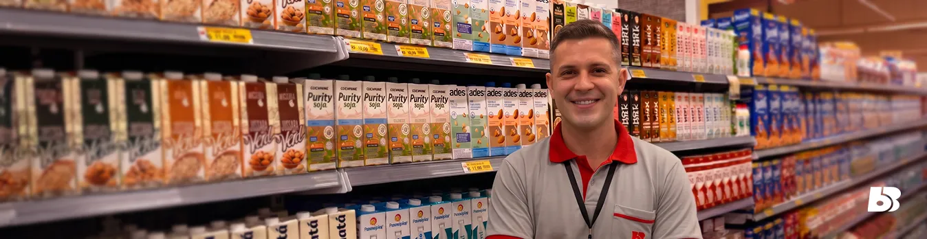 Repositor de mercearia
A imagem mostra um colaborador sorridente em um corredor de bebidas vegetais e leites. Ele está posicionado à direita da composição, vestindo uniforme cinza com detalhes em vermelho e crachá vermelho pendurado no pescoço. Ao fundo, as gôndolas estão completamente abastecidas, formando uma perspectiva profunda com produtos organizados em fileiras. A iluminação é quente e uniforme, valorizando o ambiente limpo e organizado do supermercado.