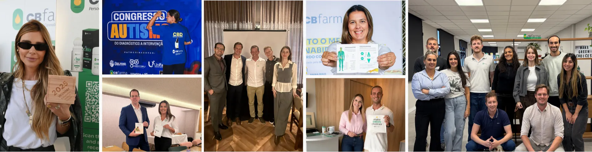 Colagem com colaboradores da CBfarma, participação em eventos científicos, congressos e iniciativas voltadas à educação e inovação em saúde.
