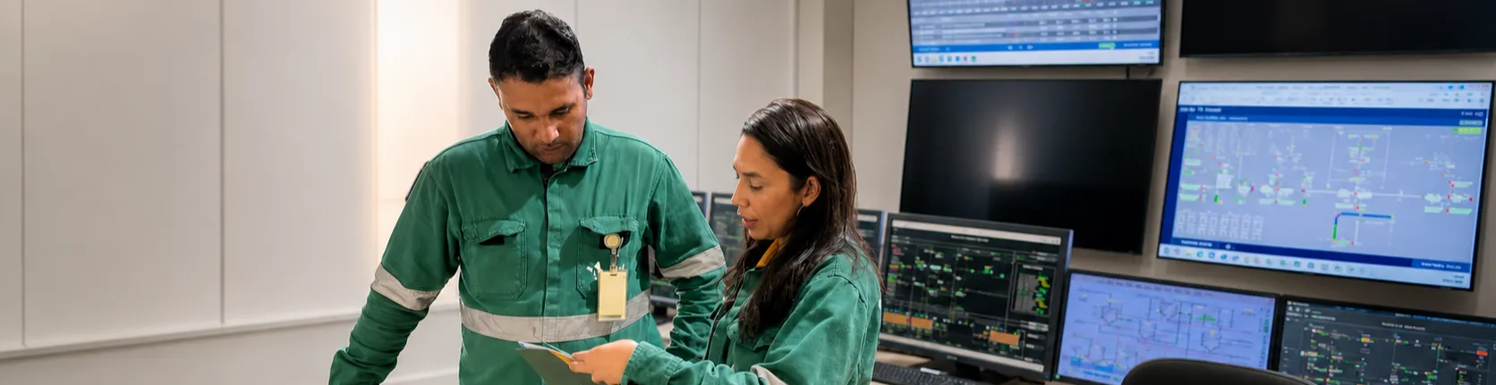 Dois profissionais com uniformes verdes e faixas refletivas analisam um documento em uma sala de controle industrial. A mulher segura o material e uma caneta enquanto explica as informações ao colega. Ao fundo, vários monitores exibem painéis, gráficos e diagramas de acompanhamento da operação.