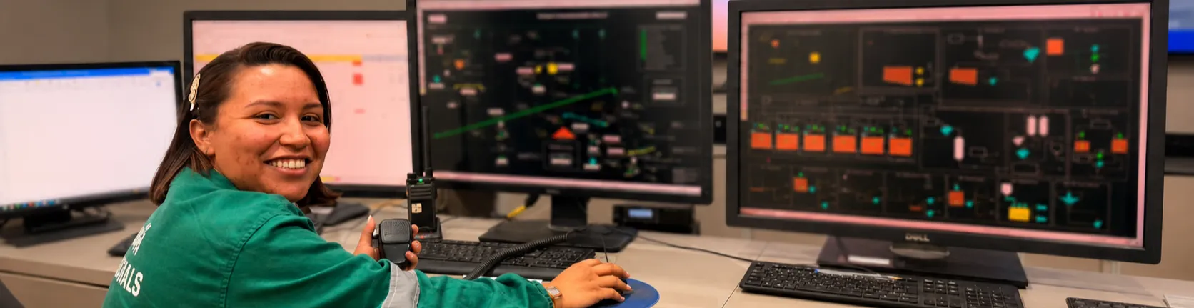 Uma profissional sorridente, com uniforme verde e faixas refletivas, sentada em uma sala de controle. Ela segura um rádio comunicador e opera o mouse diante de vários computadores. Os monitores exibem painéis de monitoramento, diagramas do processo operacional e uma imagem aérea da área da mineração.
