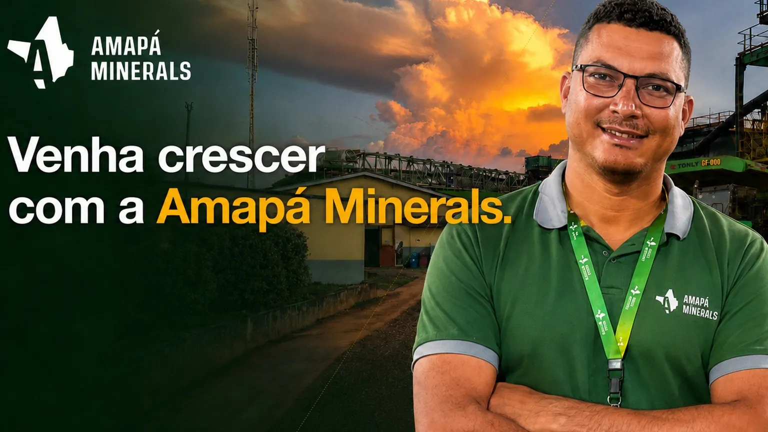 Logotipo da Amapá Minerals. Símbolo gráfico em verde remete ao contorno do estado do Amapá, e a letra "A", com um elemento triangular amarelo em seu centro. À direita, o nome "AMAPÁ MINERALS" aparece em letras maiúsculas, com "AMAPÁ" em verde e "MINERALS" em amarelo. O conjunto utiliza formas geométricas, reforçando sua atuação no setor de mineração e sua conexão com o estado do Amapá.