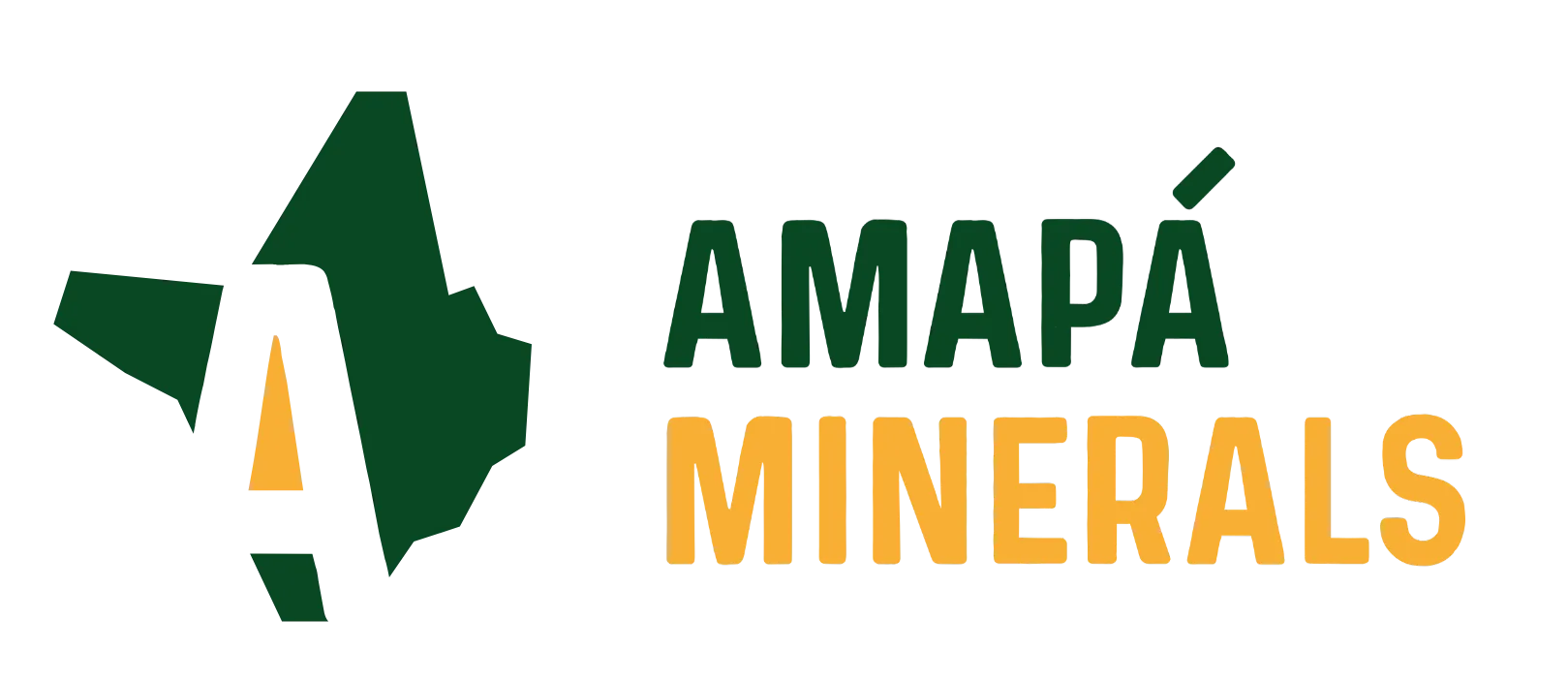 Logotipo da Amapá Minerals. Símbolo gráfico em verde remete ao contorno do estado do Amapá, e a letra "A", com um elemento triangular amarelo em seu centro. À direita, o nome "AMAPÁ MINERALS" aparece em letras maiúsculas, com "AMAPÁ" em verde e "MINERALS" em amarelo. O conjunto utiliza formas geométricas, reforçando sua atuação no setor de mineração e sua conexão com o estado do Amapá.