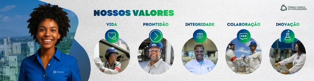 A imagem apresenta um material institucional com o título “NOSSOS VALORES”. Abaixo do título, aparecem cinco valores acompanhados de ícones e fotos em círculos:

VIDA – Ícone de coração com eletrocardiograma; foto de pessoa em ambiente industrial.
PRONTIDÃO – Ícone de setas; foto de pessoa com capacete em área operacional.
INTEGRIDADE – Ícone de escudo; pessoa com jaleco em ambiente interno.
COLABORAÇÃO – Ícone de grupo de pessoas; duas pessoas trabalhando juntas em área industrial.
INOVAÇÃO – Ícone de frasco de laboratório; três pessoas manipulando equipamentos técnicos.

À esquerda, há uma pessoa com camisa azul contendo o logotipo da Petrobras. No canto superior direito, aparece o logotipo da Petrobras – Transição Energética.