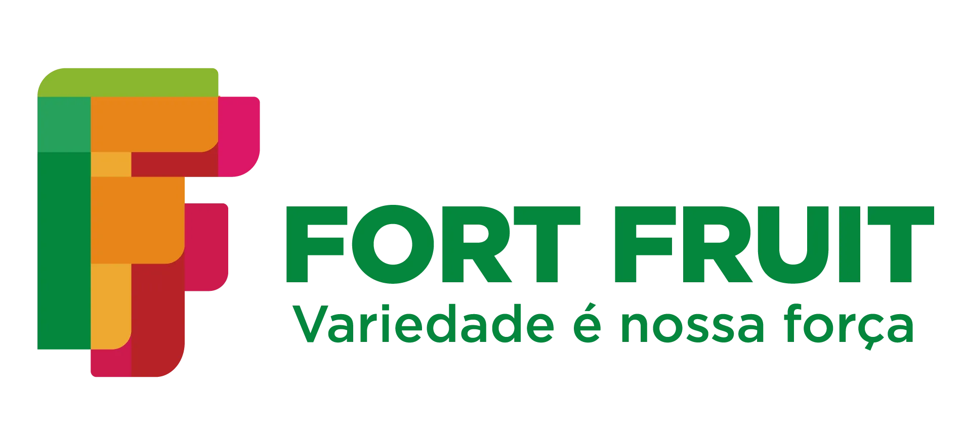 O logo da Fort Fruit é composto pelo nome da empresa escrito em letras arredondadas e modernas. A palavra "Fort" aparece em verde escuro, transmitindo solidez e confiança, enquanto "Fruit" é em verde claro, remetendo à natureza, frescor e vitalidade. Ao lado ou acima do nome, há uma imagem estilizada de uma fruta ou conjunto de frutas, geralmente em tons vivos de verde, amarelo e roxo, simbolizando a variedade e a qualidade dos produtos da empresa. O visual é alegre, acolhedor e reforça o compromisso com alimentos frescos e naturais.
