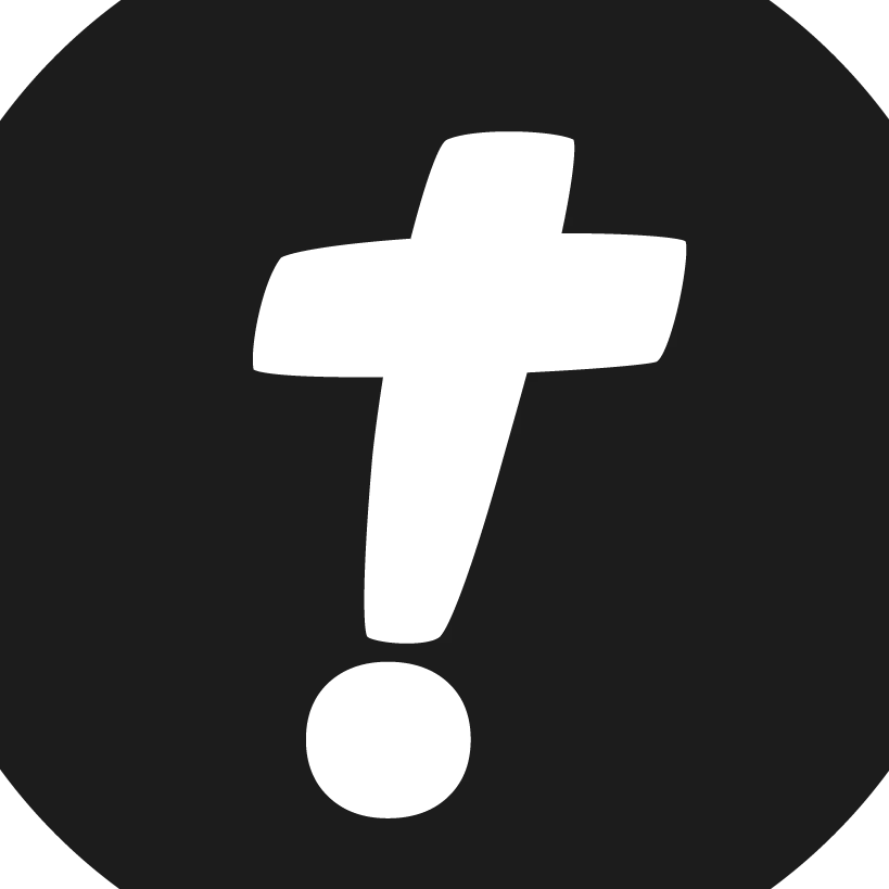 Ícone circular preto com uma cruz branca estilizada que se estende para baixo formando um ponto de exclamação.