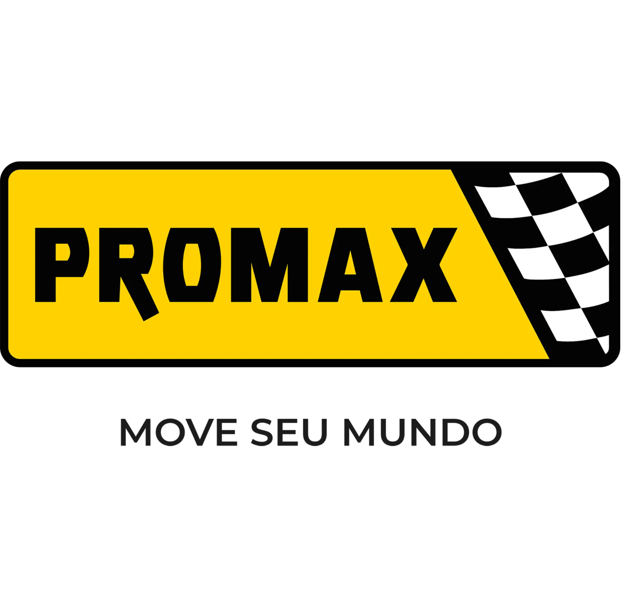 Logotipo da Promax em formato retangular horizontal com fundo amarelo e borda preta arredondada. Ao centro, a palavra 'PROMAX' aparece em letras pretas, maiúsculas e robustas. No lado direito, há uma bandeira quadriculada em preto e branco estilizada, remetendo ao universo do automobilismo e das corridas.