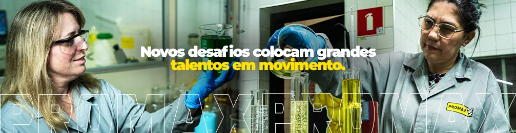 Profissionais realizam análises laboratoriais com recipientes e soluções químicas. A imagem destaca a mensagem: “Novos desafios colocam grandes talentos em movimento.”, associada à inovação e ao desenvolvimento profissional.
