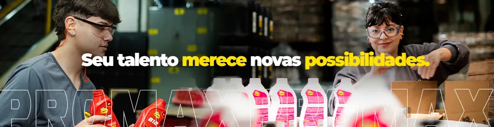 Profissionais em linha de produção industrial manuseiam embalagens de produtos. A imagem destaca a mensagem: “Seu talento merece novas possibilidades.”, associada a oportunidades de carreira e desenvolvimento profissional.