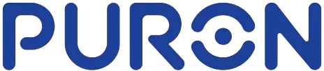 Logotipo da Puron com a palavra "PURON" em letras maiúsculas azuis, com uma identidade visual moderna e tecnológica. A letra "O" é estilizada com dois semicírculos que formam um círculo incompleto, remetendo a um componente industrial ou peça técnica, reforçando o foco da empresa em engenharia e confiança.