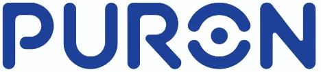 Logotipo da Puron com a palavra "PURON" em letras maiúsculas azuis, com uma identidade visual moderna e tecnológica. A letra "O" é estilizada com dois semicírculos que formam um círculo incompleto, remetendo a um componente industrial ou peça técnica, reforçando o foco da empresa em engenharia e confiança.