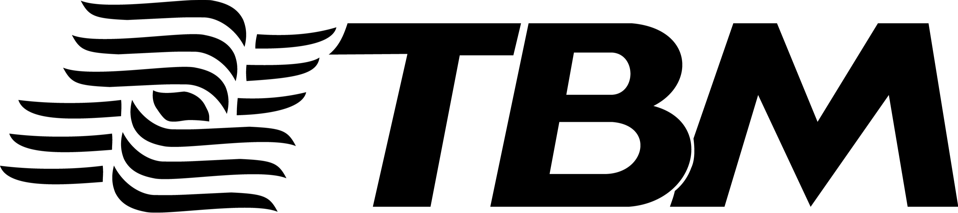 Logo da empresa Têxtil Bezerra de Menezes abreviada pelas letas T, B e M na cor preta com um símbolo que representa os fios e passar a sensação de movimento.