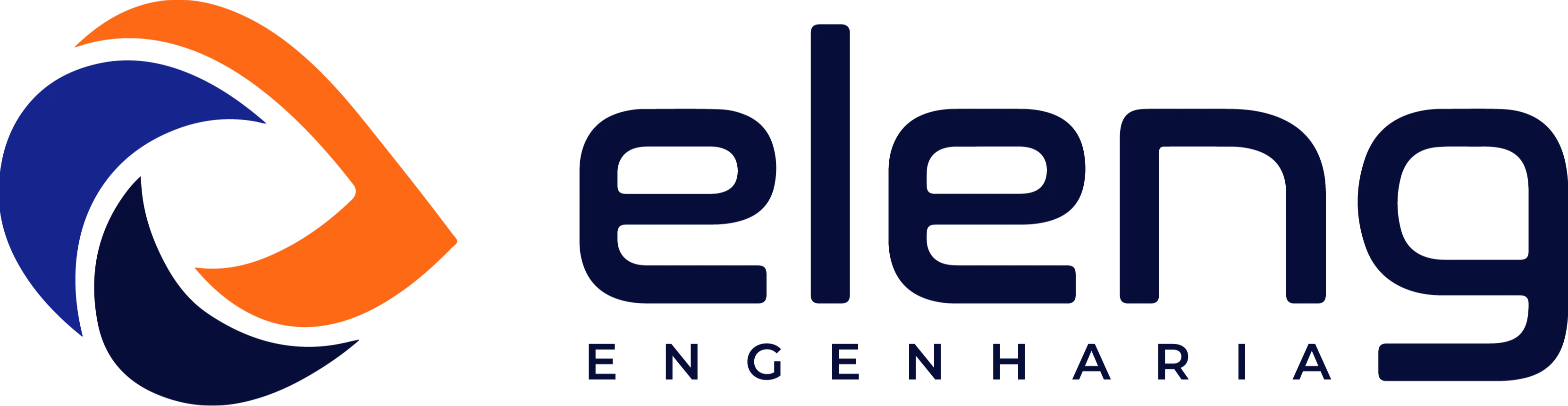 Logo da empresa Eleng Engenharia. O nome da empresa está presente e o ícone nas cores da marca: laranja, azul royal e azul escuro.