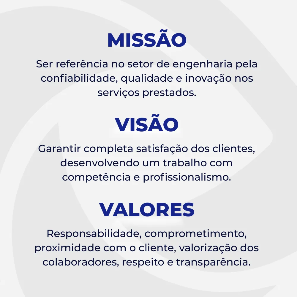 Missão, visão e valores da Eleng Engenharia.