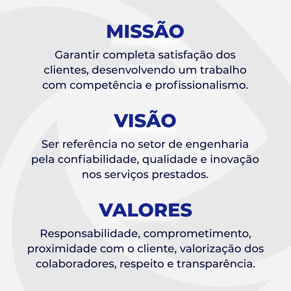 Missão, visão e valores da Eleng Engenharia.