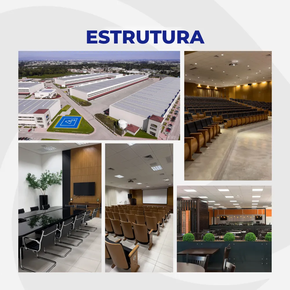 Imagens que demonstram a estrutura da empresa. Foto da nossa sede administrativa com os auditórios, sala de reunião e restaurante.