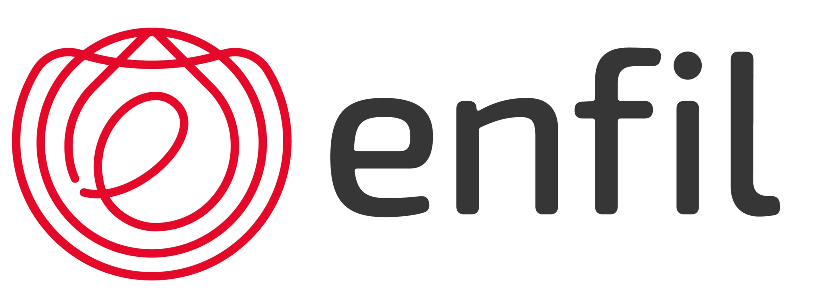 É um ícone composto por linhas vermelhas que formam uma gota no centro.
O centro desses círculos, também em vermelho, há a letra “e” desenhada de forma contínua, como se fosse parte das próprias linhas. e Ao lado do símbolo o nome da empresa