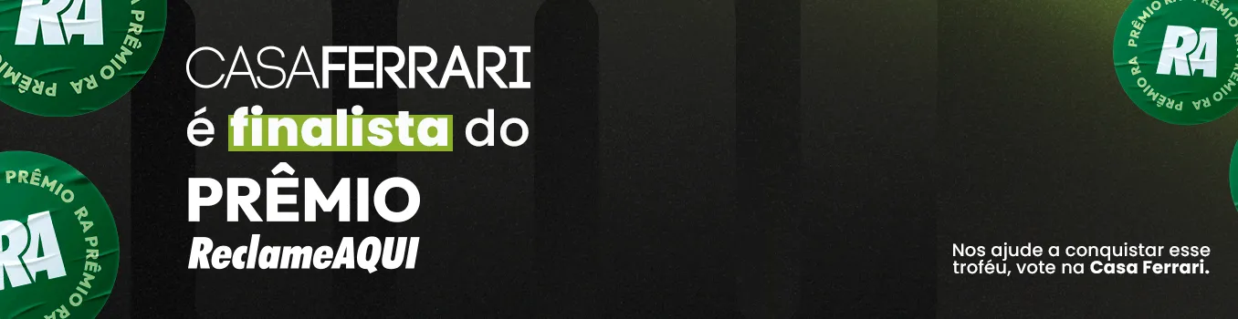 Um banner retangular na horizontal, com fundo escuro em tons de preto e verde, transmitindo modernidade e sofisticação.

No canto superior esquerdo, em destaque, lê-se "CASAFERRARI" em letras brancas, finas e elegantes. Logo abaixo, em fonte branca e negrito, a frase "é finalista do PRÊMIO ReclameAQUI", onde a palavra “finalista” aparece em verde claro, dentro de um retângulo, criando contraste e chamando a atenção.

No canto inferior direito, em letras brancas menores, está o convite:
"Nos ajude a conquistar esse troféu, vote na Casa Ferrari."

Espalhados pelo fundo, há círculos verdes com a inscrição "PRÊMIO RA" repetida nas bordas e o logotipo “RA” em branco no centro, lembrando selos de certificação.

O design é dinâmico e impactante, equilibrando o contraste do verde com o fundo escuro. A composição transmite credibilidade, engajamento e a sensação de conquista, destacando a relevância do prêmio.