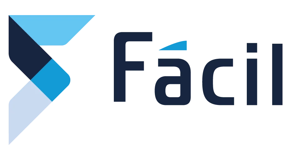 Logotipo da empresa Fácil: à esquerda, um símbolo geométrico abstrato em tons de azul formando um “F” estilizado; à direita, o nome “Fácil” escrito em letras azul-escuro sobre fundo branco.