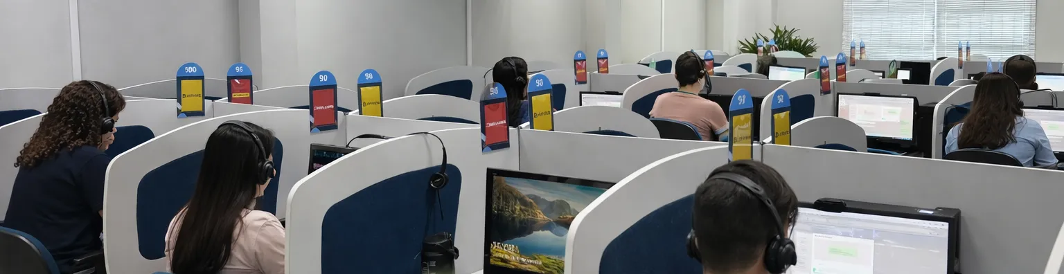 Ambiente de call center: operadores de telemarketing jovens trabalham sentados em mesas individuais, usando fones de ouvido e computadores, em um escritório amplo, organizado e bem iluminado, com divisórias azul e branco e identificação da empresa Fácil.
