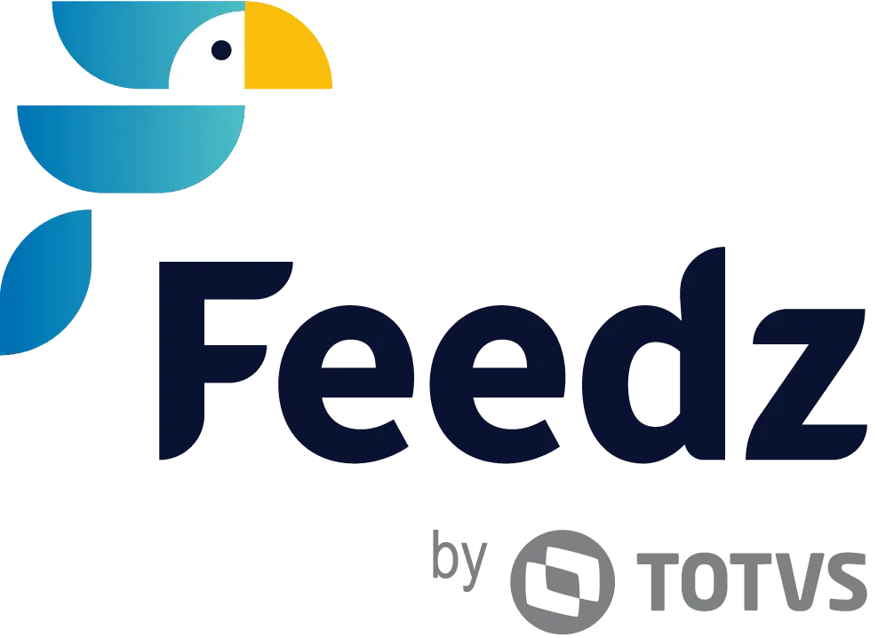 Logomarca da Feedz com um pássaro azul, nome Feedz em cor azul escuro e by TOTVS na cor cinza