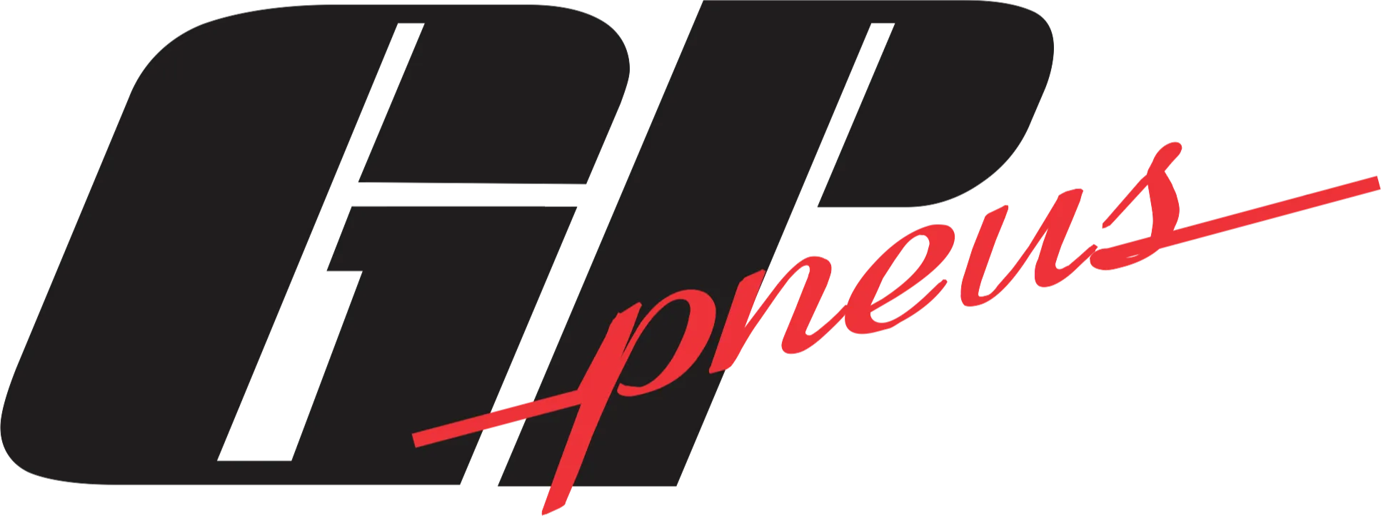 Logomarca escrita GP Pneus em preto e vermelho.