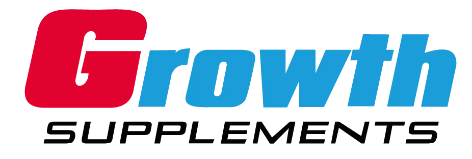 Logotipo da Growth Supplements no canto superior a esquerda sobre fundo claro. A palavra “Growth” aparece em destaque, com a letra inicial em vermelho e o restante em azul. Abaixo, em menor tamanho, está escrito “Supplements” em preto.