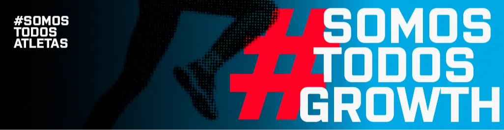 Banner com fundo em tons de azul e preto. À esquerda, há o texto “#Somos todos atletas” em branco. Ao fundo, aparece a silhueta de uma pessoa correndo. À direita, em destaque, há um grande símbolo de hashtag vermelho seguido da frase “SOMOS TODOS GROWTH” em letras grandes, brancas e azuis.