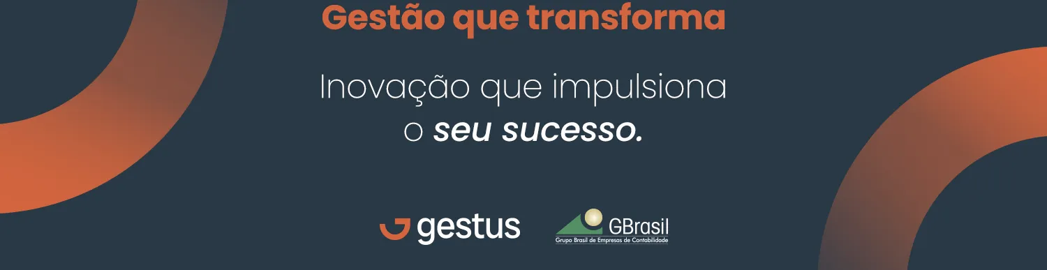 Imagem retangular na cor azul escura com semi círculos laranjas na lateral superior esquerda e na lateral inferior direita.
No centro da imagem a frase "Gestão que transforma", na cor laranja. Abaixo, a frase "Inovação que impulsiona o seu sucesso", na cor branca e as palavras "seu sucesso" estão em negrito.
Abaixo dessas frases, estão a logo da Gestus: o nome gestus na cor branco e escrito de forma minimalista com a letra G minúscula. Ao lado esquerdo do nome da empresa está a letra G em laranja e formada até a metade da letra, como um semi círculo.
Ao lado da logo da Gestus, está a logo do GBrasil, que é o grupo de empresas de contabilidade do Brasil. A logo tem um círculo amarelo, simbolizando um sol e encaixado a esse círculo tem uma forma parecida com a de um triângulo retangular na cor ver. Ao lado direito tem escrito na cor branca o nome "GBrasil" todo junto com as letras G e B maiúsculas e abaixo escrito: "Grupo Brasil de Empresas de Contabilidade".