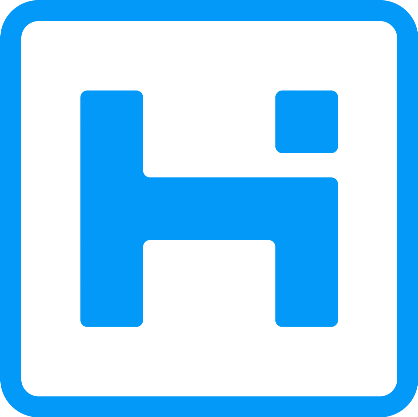 A imagem é o logotipo da HSystem. O logotipo consiste em um "H" estilizado em azul dentro de um quadrado de bordas arredondadas também azul. O "H" tem um design moderno e minimalista, com um quadrado menor no canto superior direito do "H". O fundo da imagem é transparente.