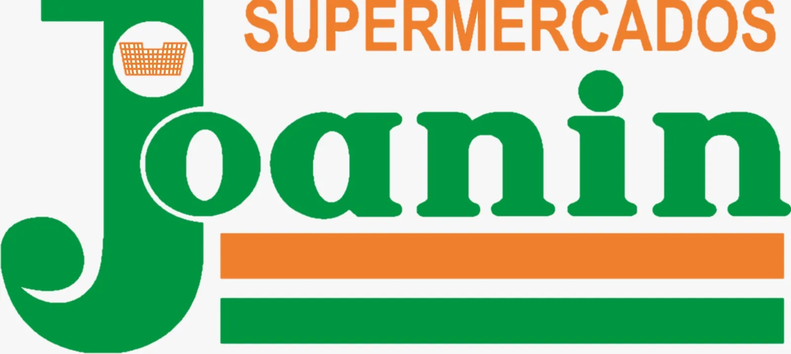 Logotipo do Supermercados Joanin. O nome da marca está em letras grandes e verdes, com a palavra "SUPERMERCADOS" em laranja acima. O "J" inicial é estilizado com um pequeno cesto de compras laranja no topo. Abaixo do nome, há duas faixas horizontais, uma laranja e uma verde.