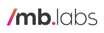 Logo da MB Labs, com letras pretas e uma barra estilo código em dregradê laranja com rosa.