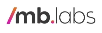 Logo da MB Labs, com letras pretas e uma barra estilo código em dregradê laranja com rosa.
