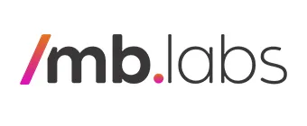 Logo da MB Labs, com letras pretas e uma barra estilo código em dregradê laranja com rosa.