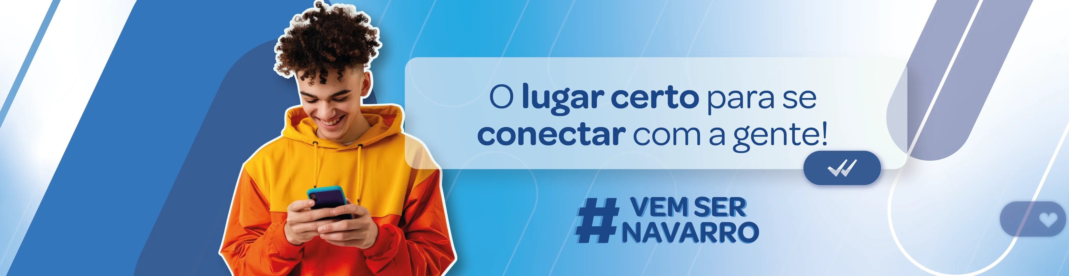 Jovem utilizando celular em banner institucional da página de carreiras da Navarro.