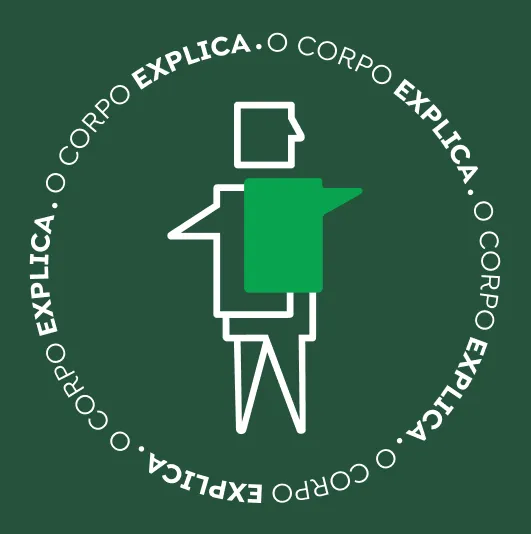 Um boneco vetorizado, criado a partir de vários balões de conversa. Um círculo em volta dele com o nome da marca "O Corpo Explica".