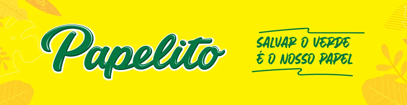 Usamos um fundo amarelo com folhas também na cor amarela, o nome Papelito em destaque na cor verde com os contornos das letras em amarelo e brando dando um destaque para a marca. Ao lado do nome temos nosso slogan: Salvar o verde é o nosso papel também na cor verde.